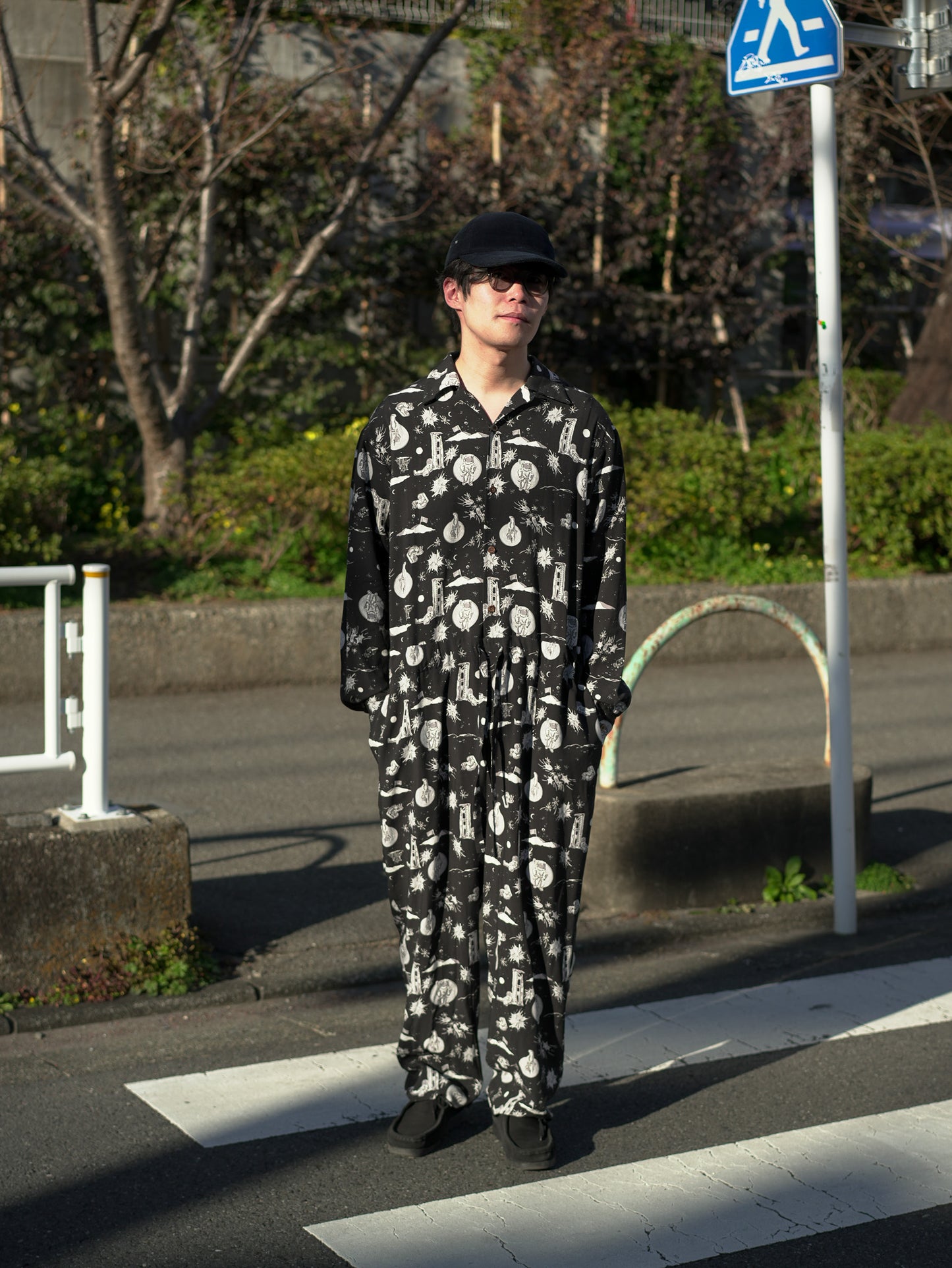 Space Aloha Jumpsuit‐BLACK