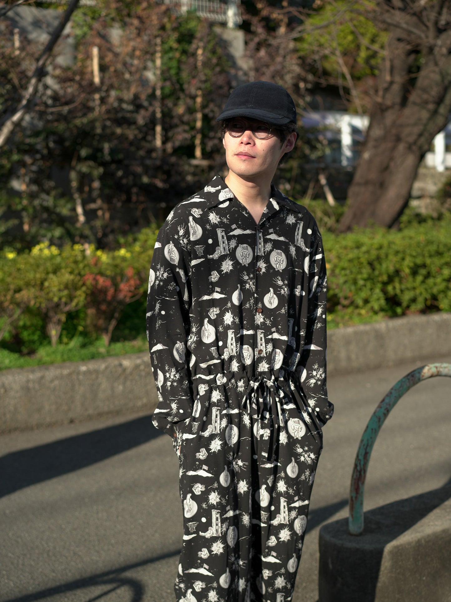 Space Aloha Jumpsuit‐BLACK