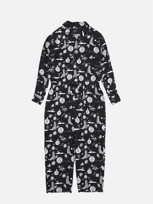 Space Aloha Jumpsuit‐BLACK