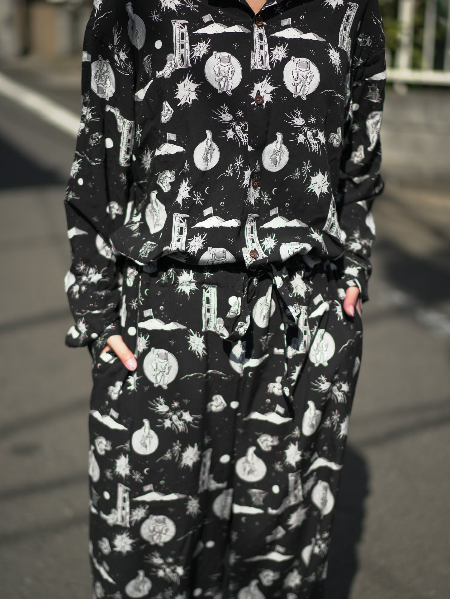 Space Aloha Jumpsuit‐BLACK
